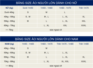 Bảng size đồng phục