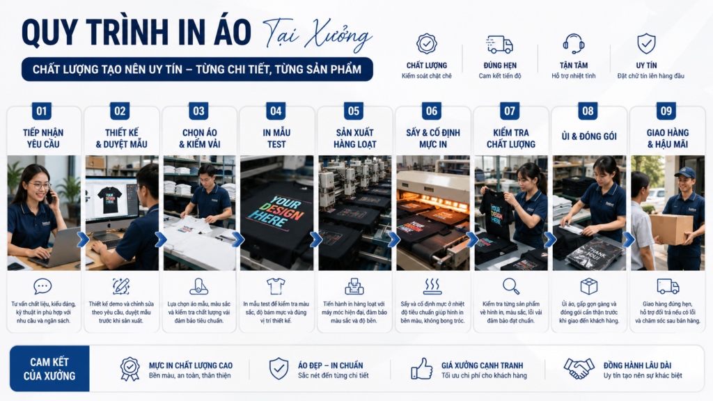 quy trình dệt may hoặc quy trình in áo của xưởng